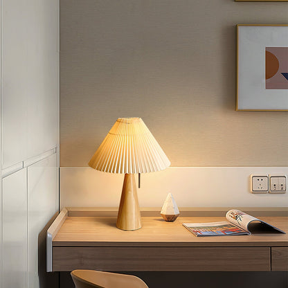 Table Lamp Folded Fabric Shade Oak Wood Base