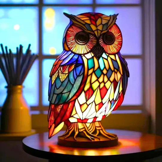 Table Lamp Handcrafted Stained Glass Owl Warm White LED