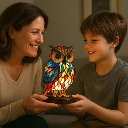 Table Lamp Handcrafted Stained Glass Owl Warm White LED