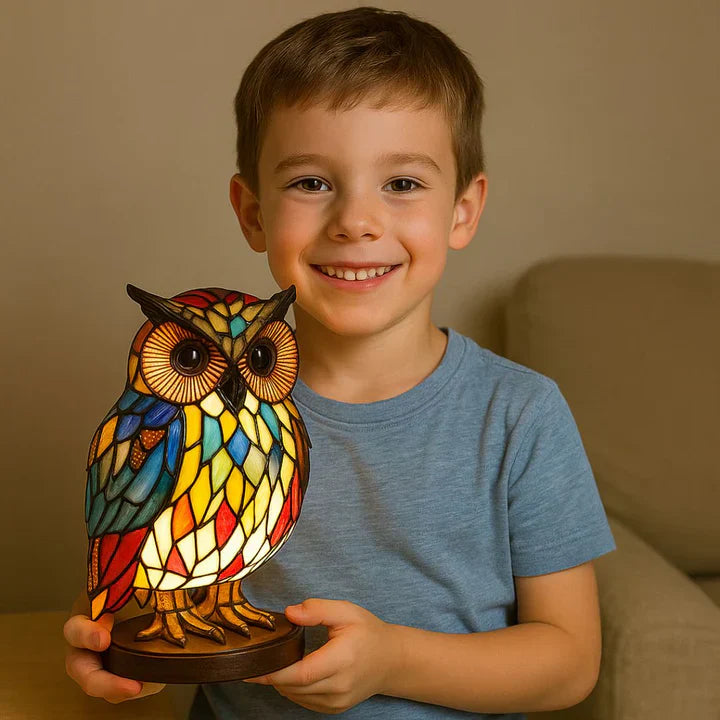 Table Lamp Handcrafted Stained Glass Owl Warm White LED
