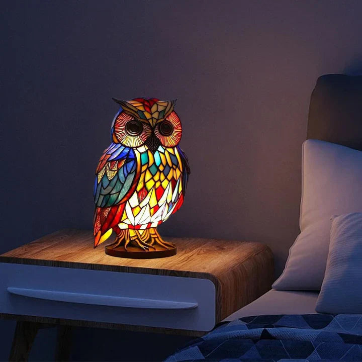 Table Lamp Handcrafted Stained Glass Owl Warm White LED