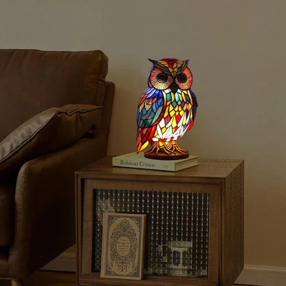 Table Lamp Handcrafted Stained Glass Owl Warm White LED