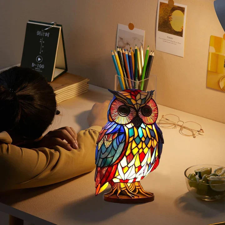 Table Lamp Handcrafted Stained Glass Owl Warm White LED