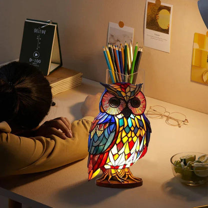 Table Lamp Handcrafted Stained Glass Owl Warm White LED