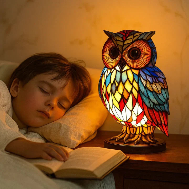 Table Lamp Handcrafted Stained Glass Owl Warm White LED