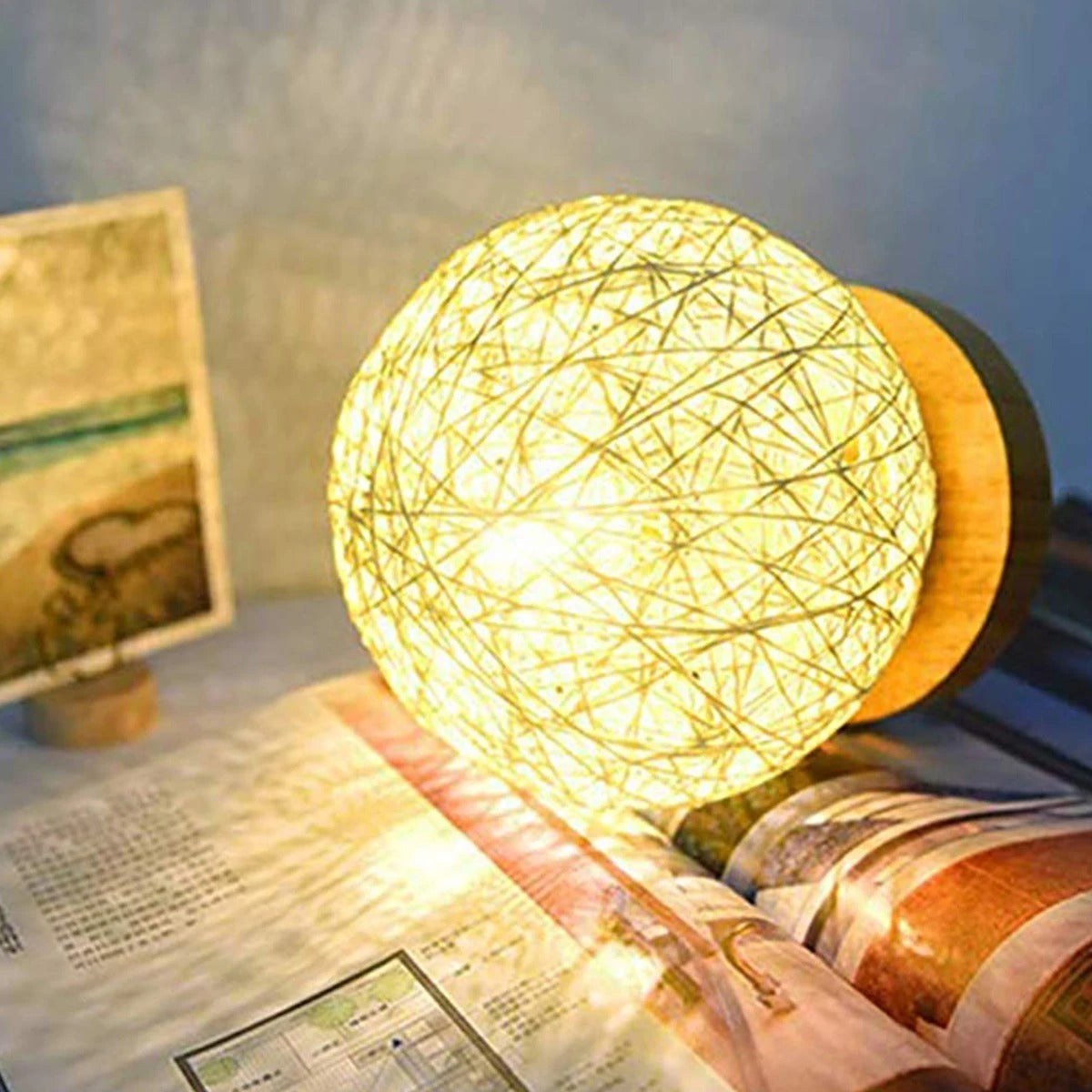 Table Lamp Handwoven Rattan Dimmable USB-Powered
