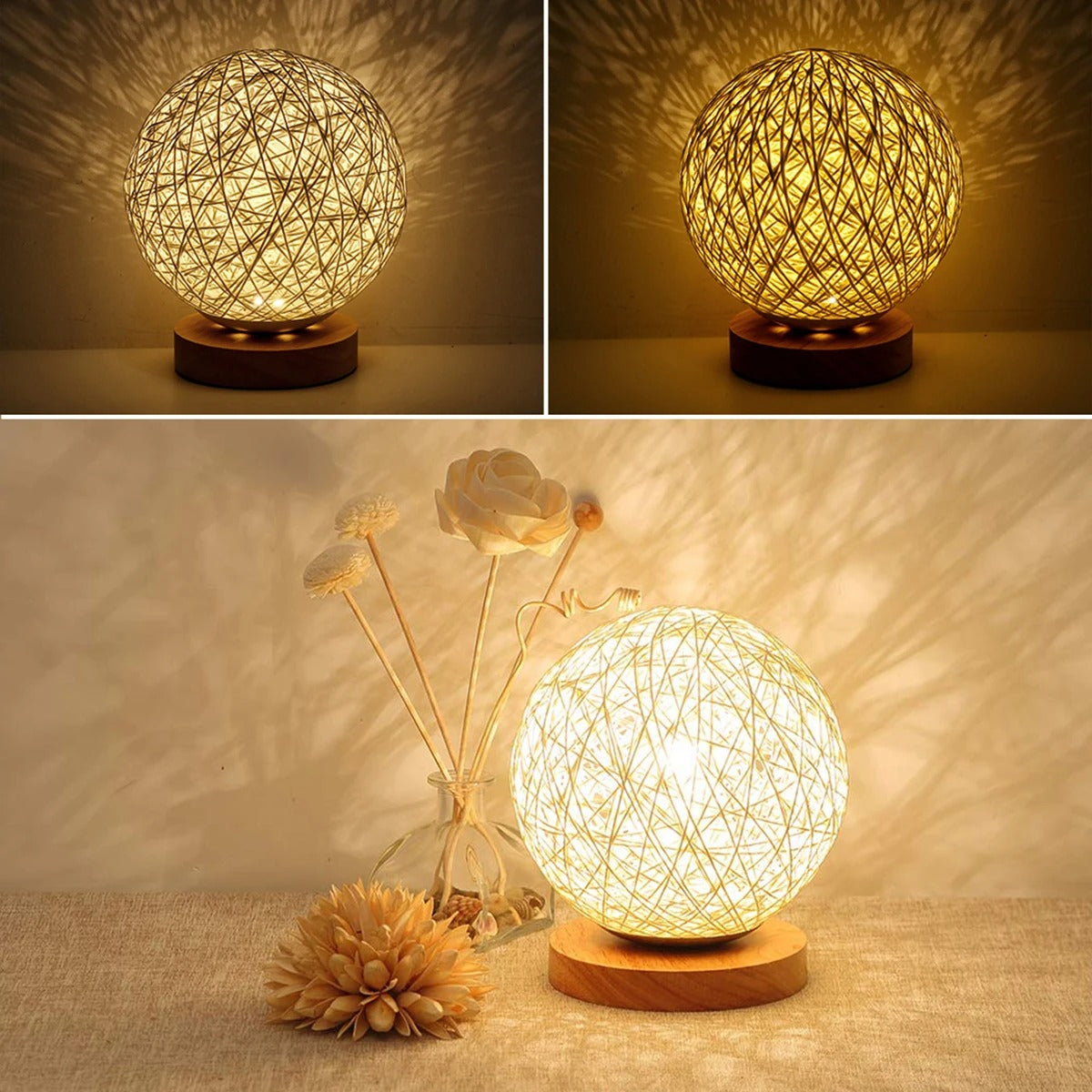 Table Lamp Handwoven Rattan Dimmable USB-Powered