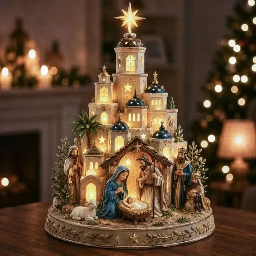 Table Lamp Illuminated Nativity Church Tower 5.9 Inch
