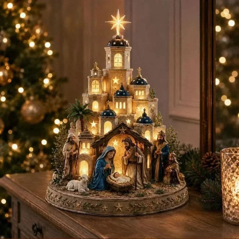 Table Lamp Illuminated Nativity Church Tower 5.9 Inch