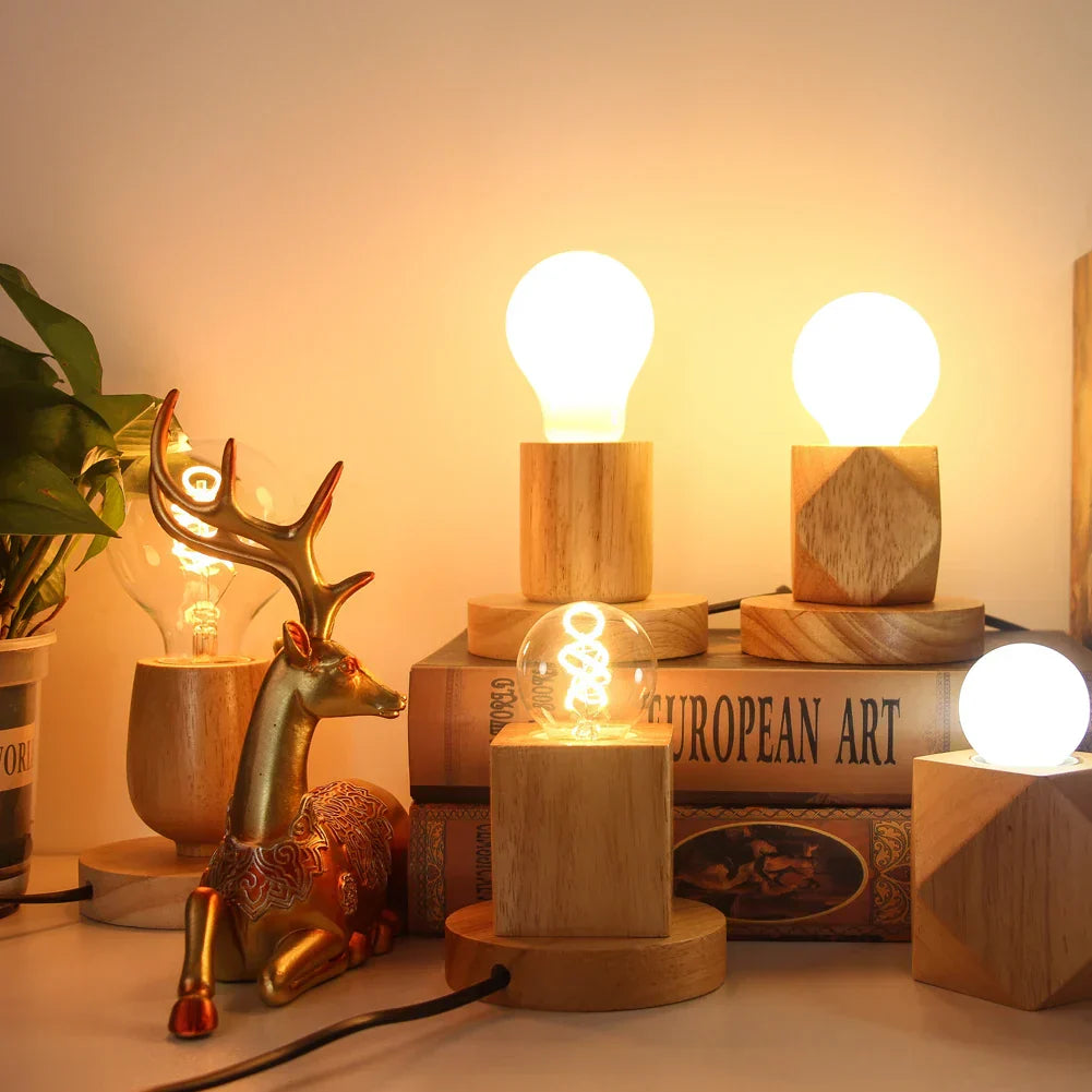 Table Lamp Natural Wood Warm LED Bulb Included