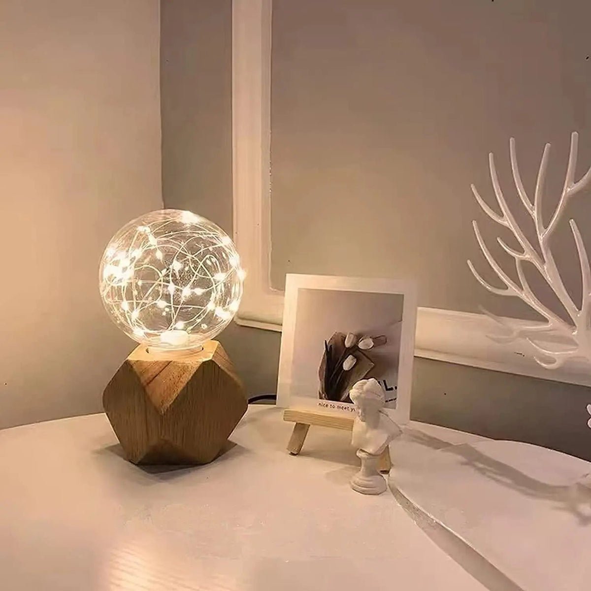 Table Lamp Natural Wood Warm LED Bulb Included