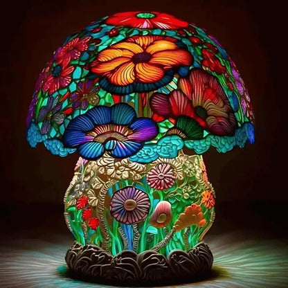 Table Lamp Stained Glass Shade Warm Ambient Light