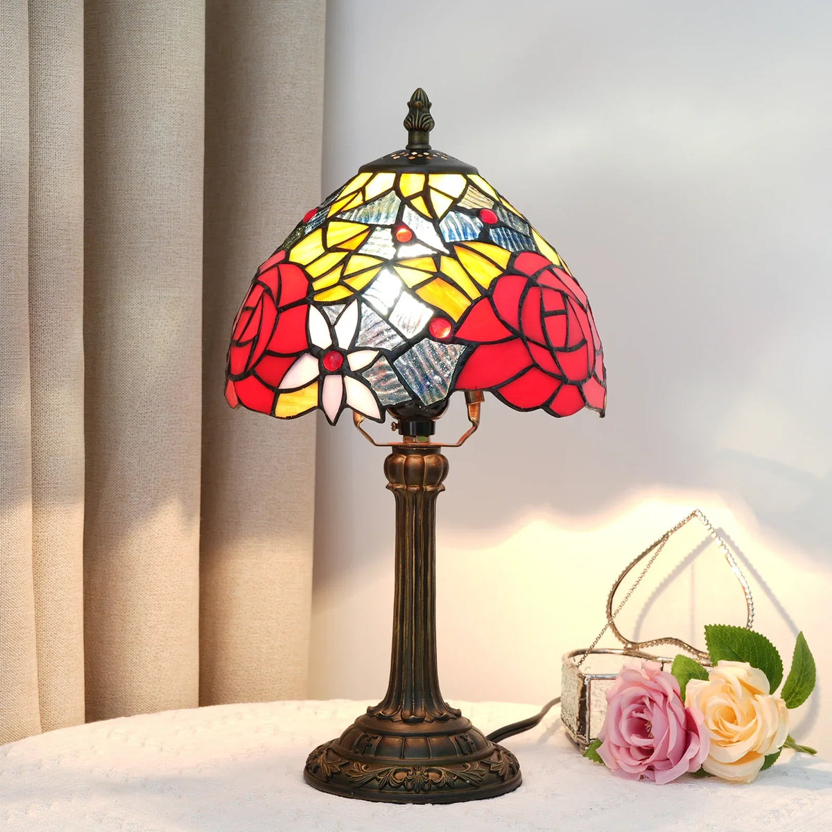 Table Lamp Stained Glass Shade Warm Ambient Lighting