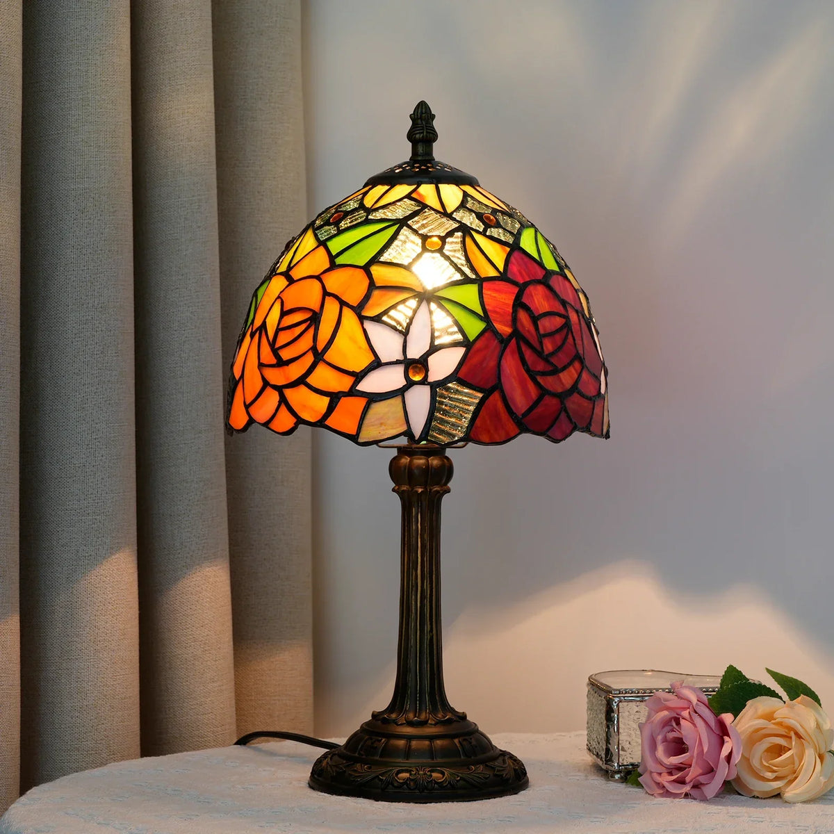Table Lamp Stained Glass Shade Warm Ambient Lighting
