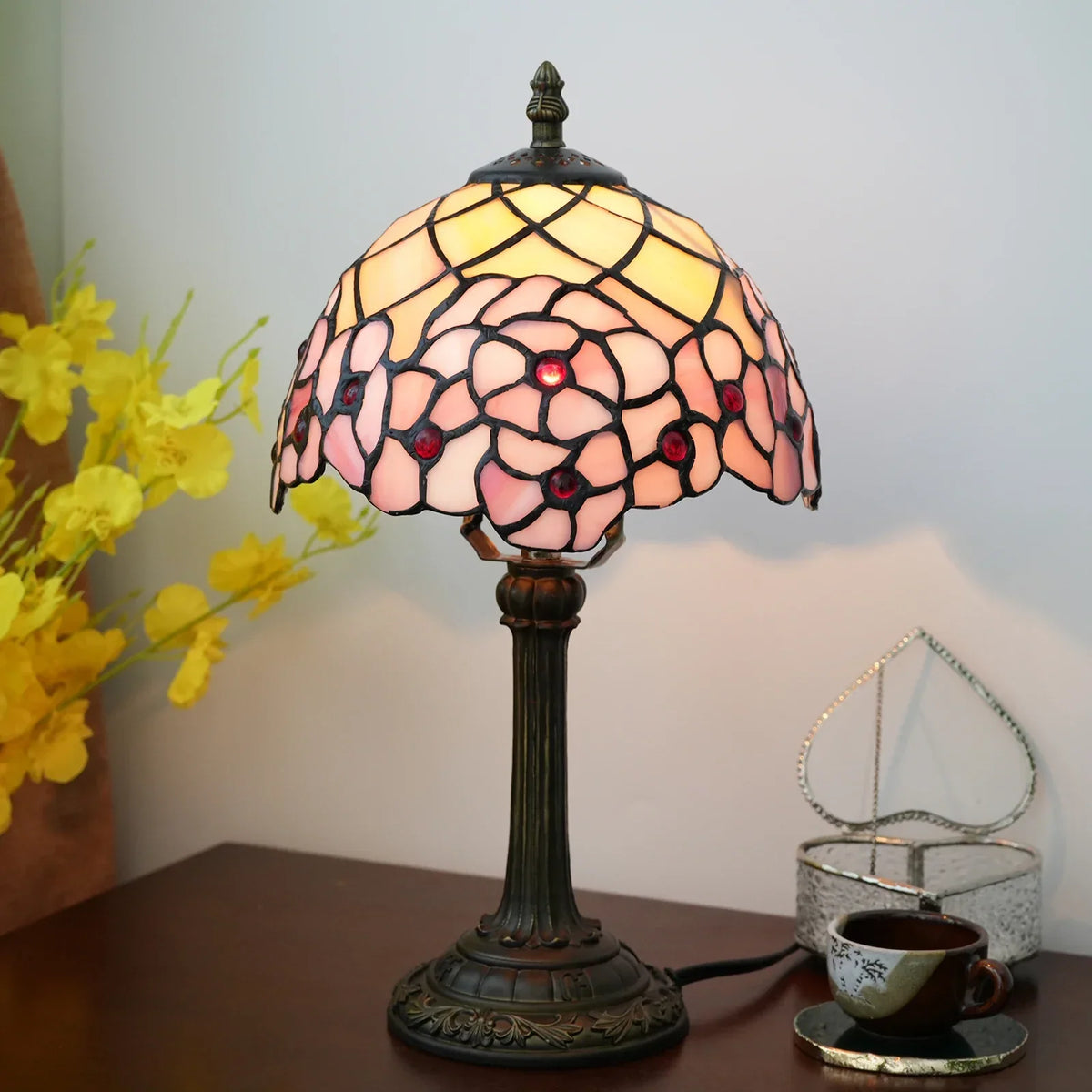 Table Lamp Stained Glass Shade Warm Ambient Lighting