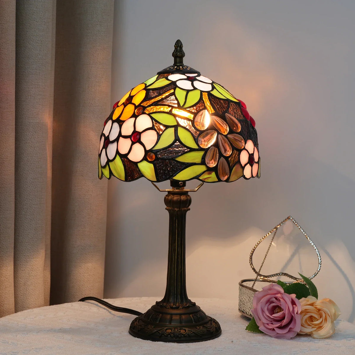 Table Lamp Stained Glass Shade Warm Ambient Lighting