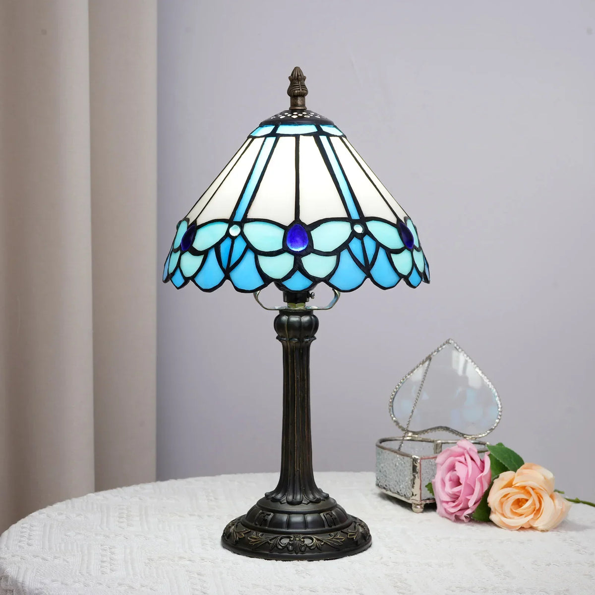 Table Lamp Stained Glass Shade Warm Ambient Lighting