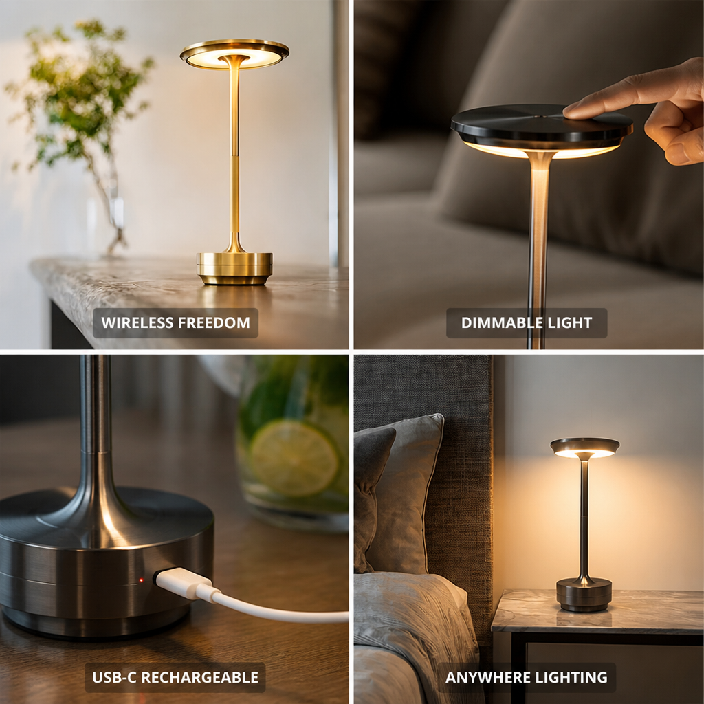 Table Lamp Wireless Rechargeable Dimmable USB C