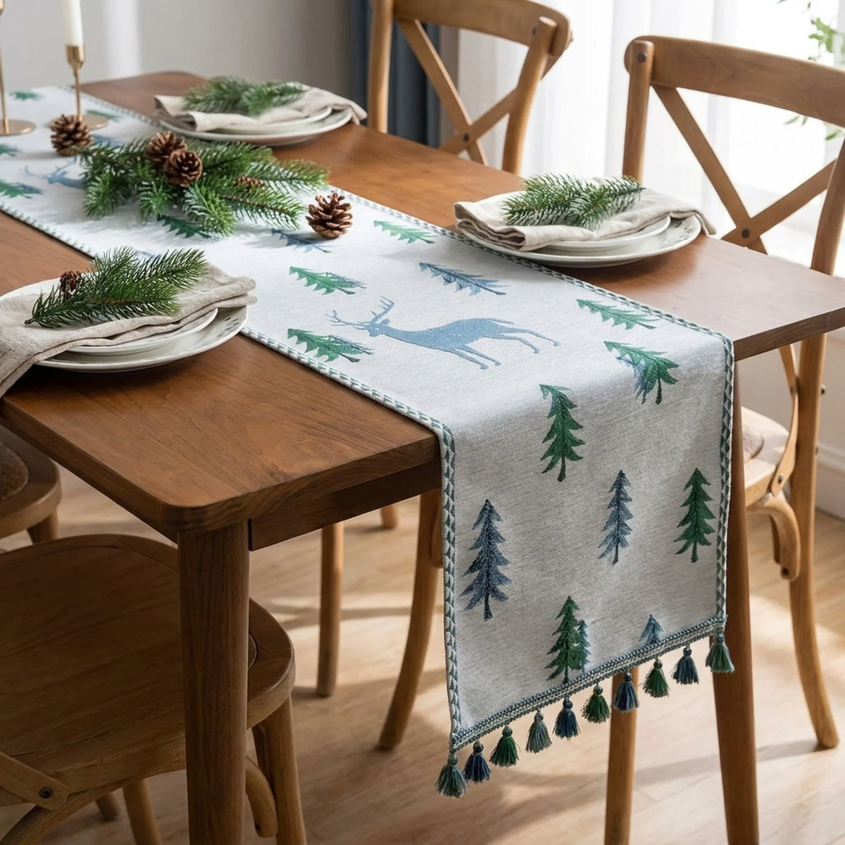Table Runner Christmas Tree Motif Tassel Trim Multiple Lengths