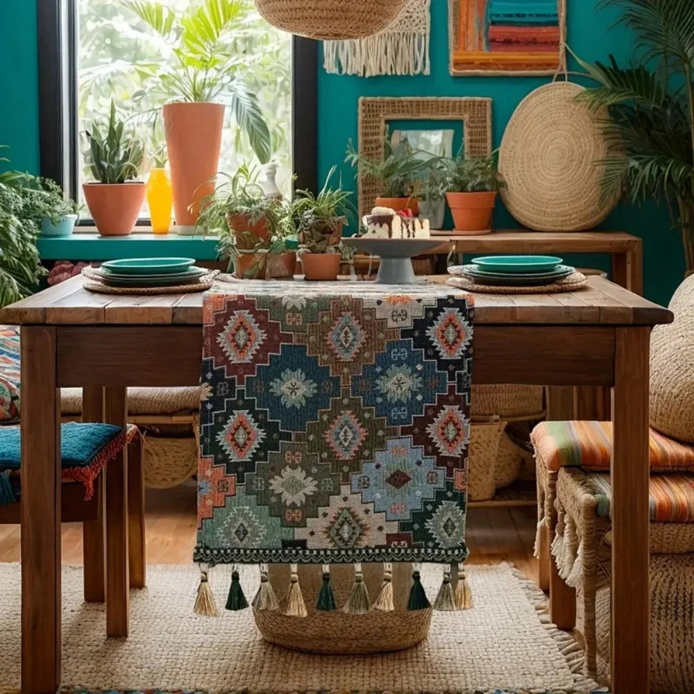 Table Runner Colorful Geometric Microfiber Tassels