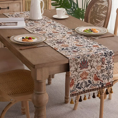 Table Runner Floral Bird Jacquard Decorative Fringe