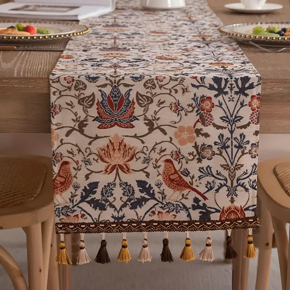 Table Runner Floral Bird Jacquard Decorative Fringe