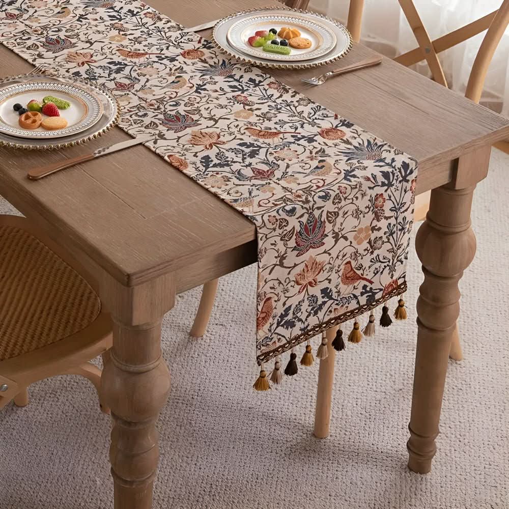 Table Runner Floral Bird Jacquard Decorative Fringe