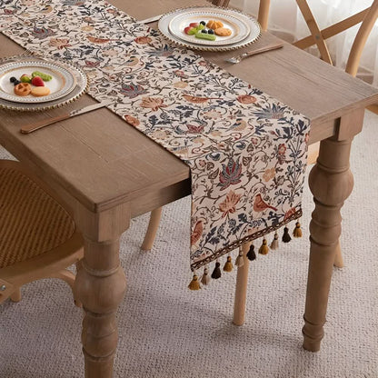 Table Runner Floral Bird Jacquard Decorative Fringe