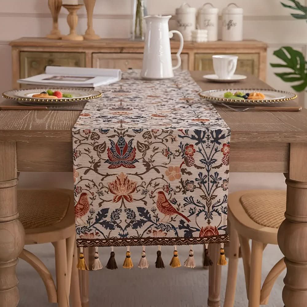 Table Runner Floral Bird Jacquard Decorative Fringe