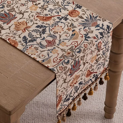Table Runner Floral Bird Jacquard Decorative Fringe