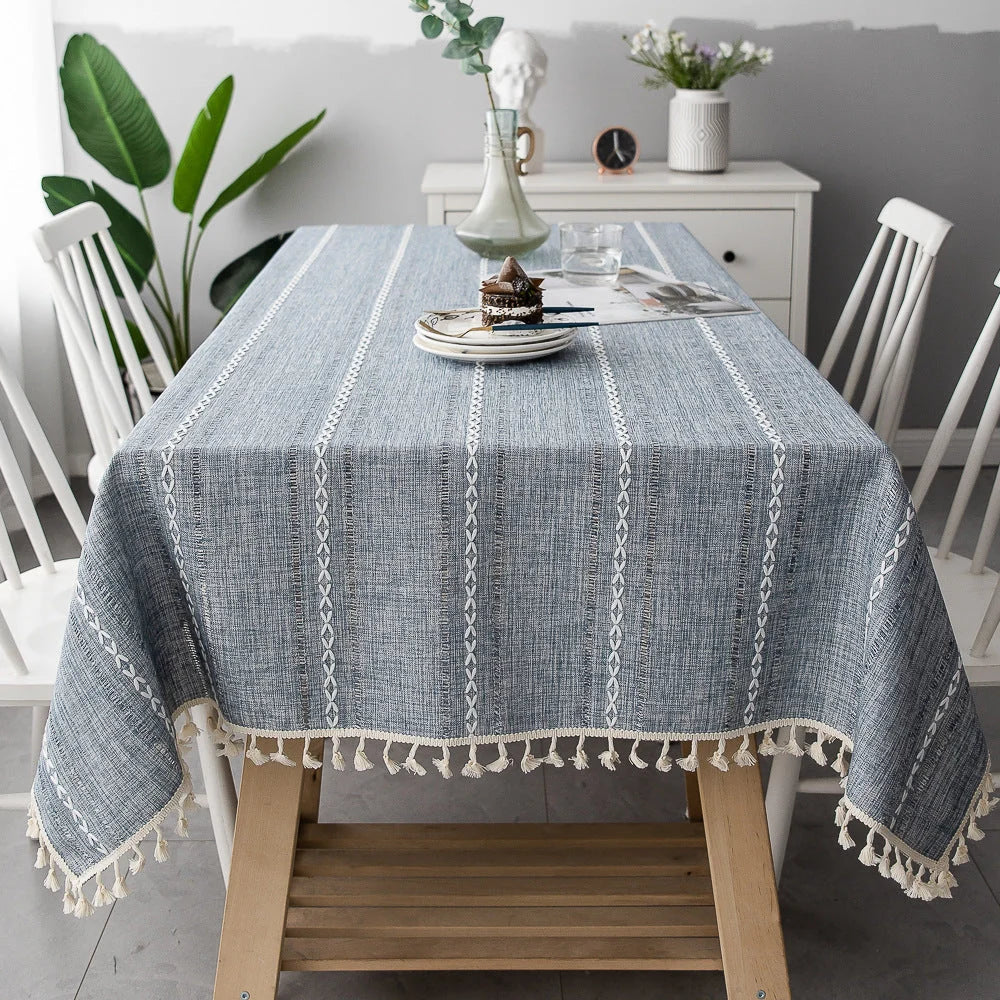 Tablecloth Cotton-Linen Striped with Tassel Fringe