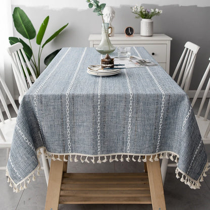 Tablecloth Cotton-Linen Striped with Tassel Fringe