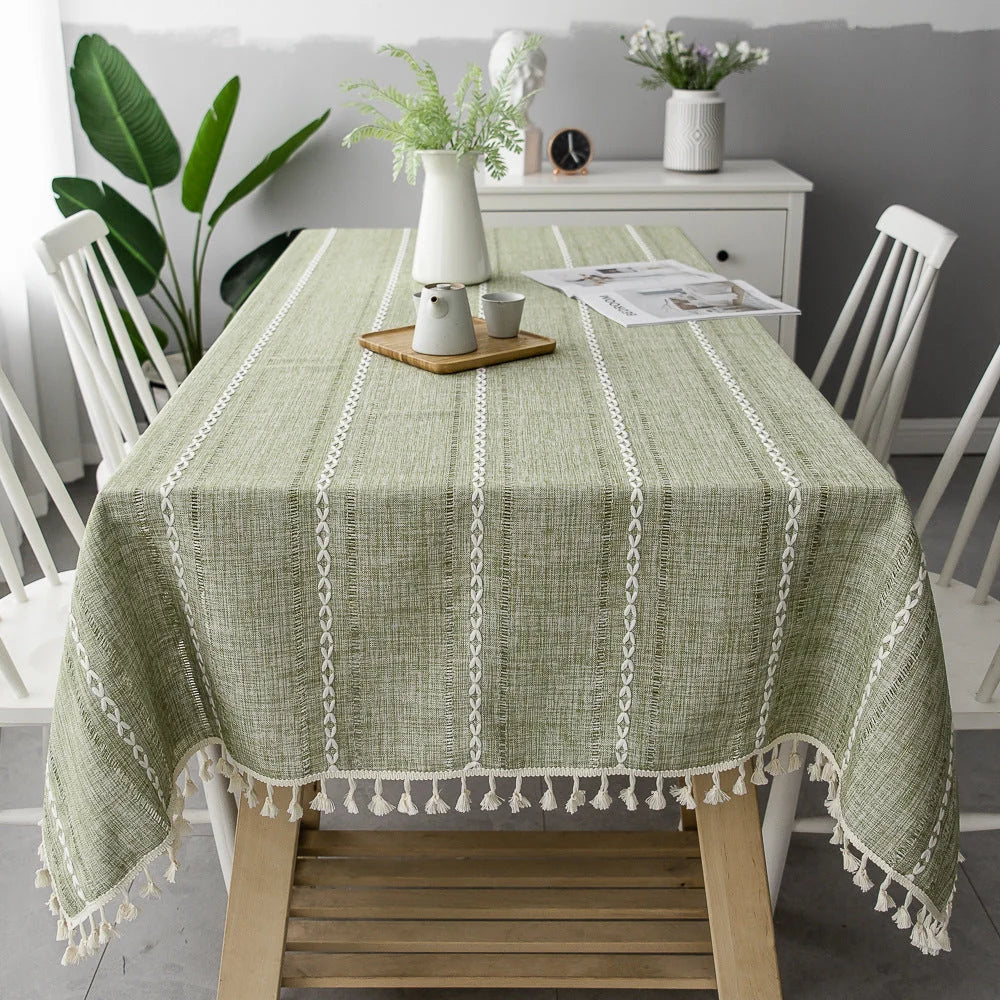 Tablecloth Cotton-Linen Striped with Tassel Fringe