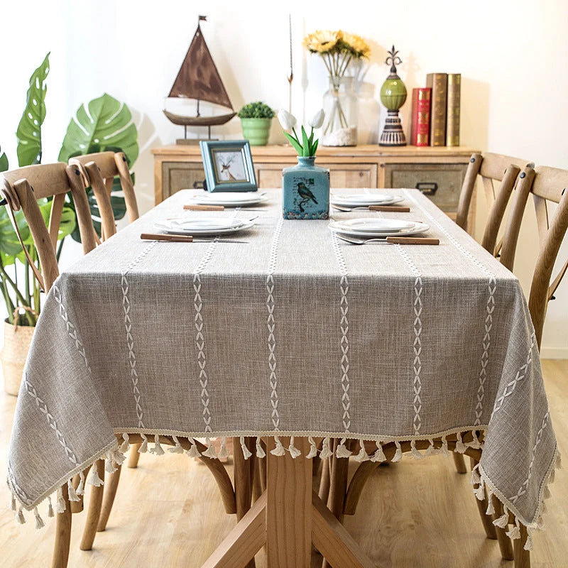 Tablecloth Cotton-Linen Striped with Tassel Fringe