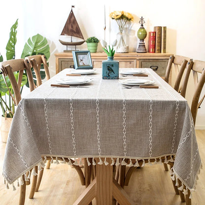 Tablecloth Cotton-Linen Striped with Tassel Fringe