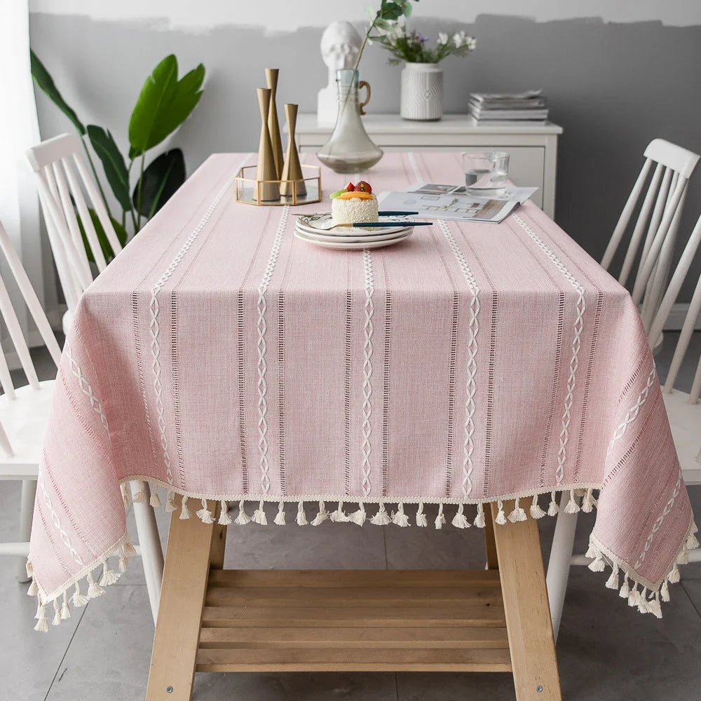Tablecloth Cotton-Linen Striped with Tassel Fringe