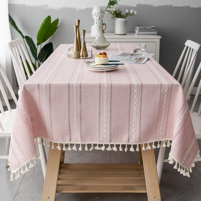 Tablecloth Cotton-Linen Striped with Tassel Fringe