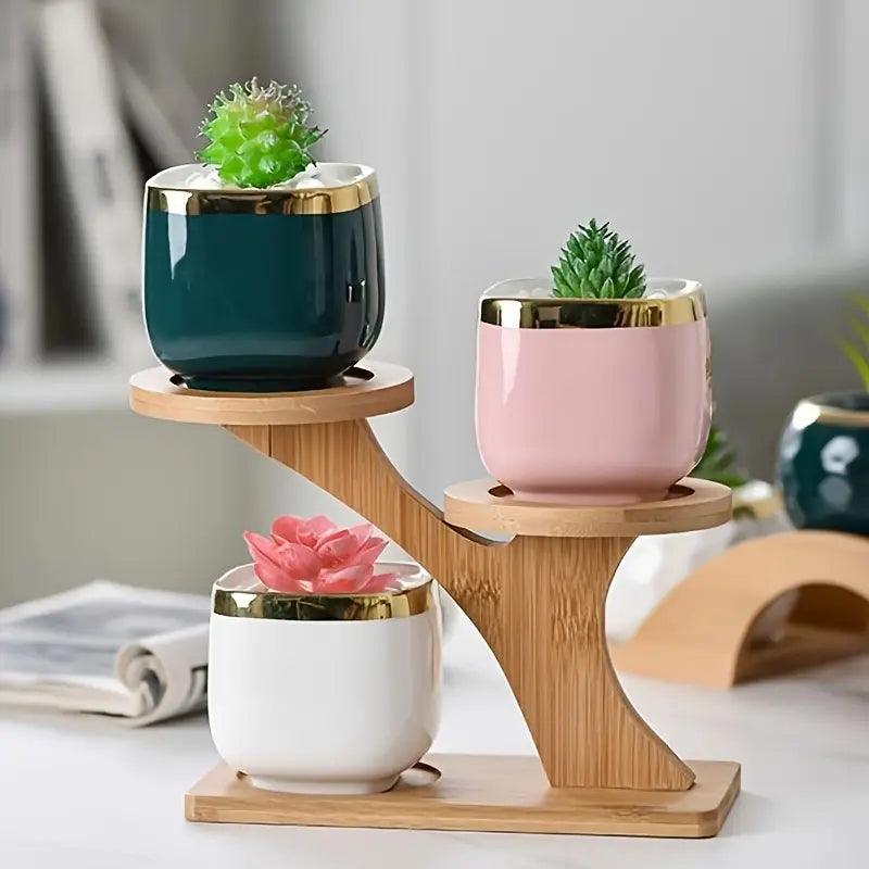 Tabletop Plant Stand Two-Tier Bamboo Recessed Holders
