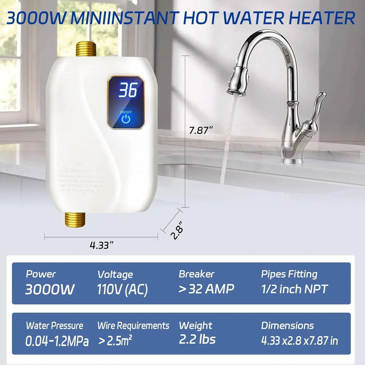 Tankless Electric Water Heater Digital Temperature Display 3000W