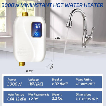Tankless Electric Water Heater Digital Temperature Display 3000W