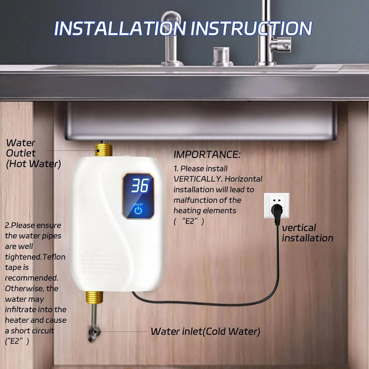 Tankless Electric Water Heater Digital Temperature Display 3000W