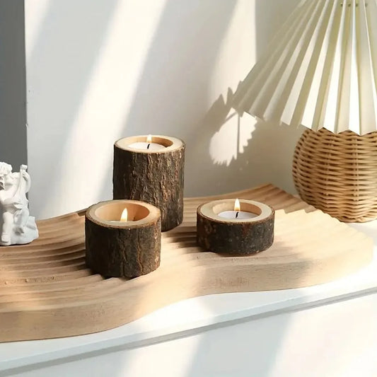 Tea Light Holder Set Natural Wood & Glass Three-Piece