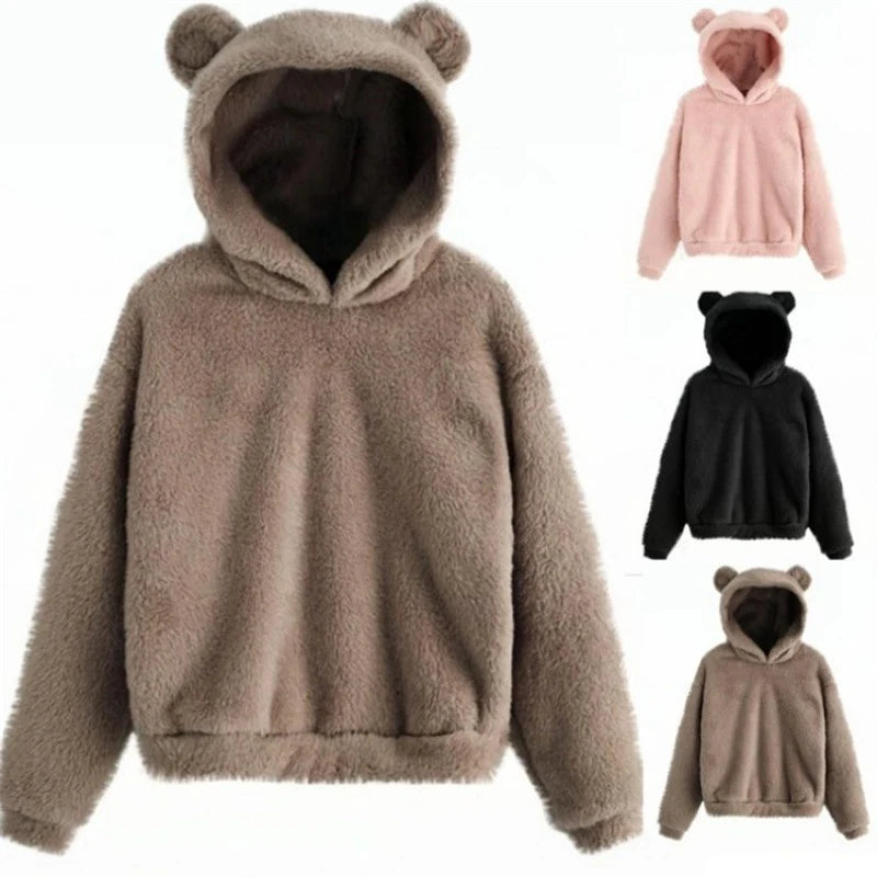 Teddy Fleece Hoodie Oversized Fit Bear Ear Hood Side Pockets