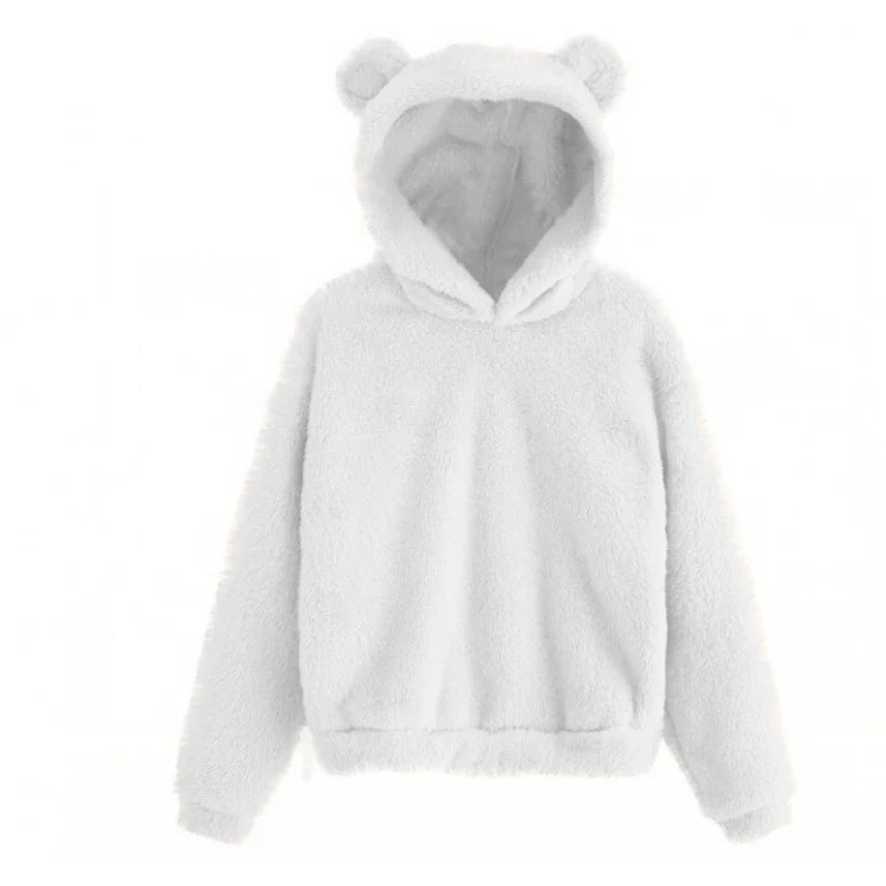 Teddy Fleece Hoodie Oversized Fit Bear Ear Hood Side Pockets