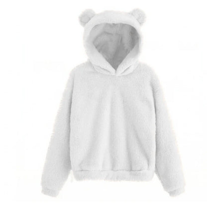 Teddy Fleece Hoodie Oversized Fit Bear Ear Hood Side Pockets