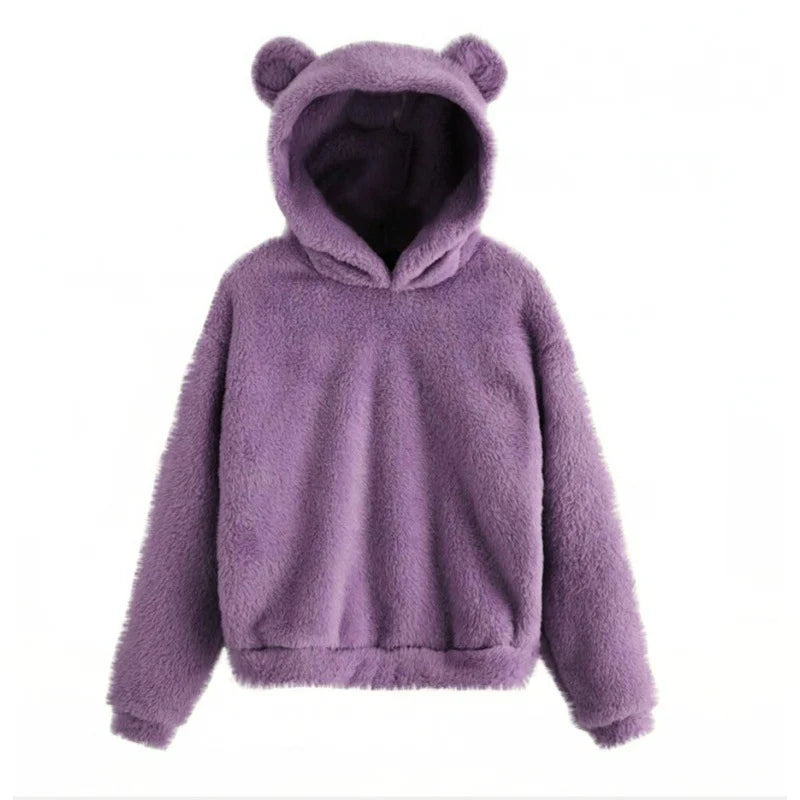 Teddy Fleece Hoodie Oversized Fit Bear Ear Hood Side Pockets