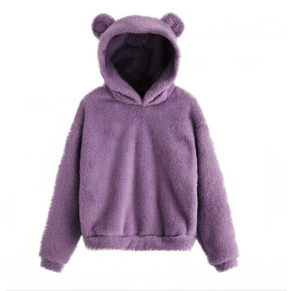 Teddy Fleece Hoodie Oversized Fit Bear Ear Hood Side Pockets
