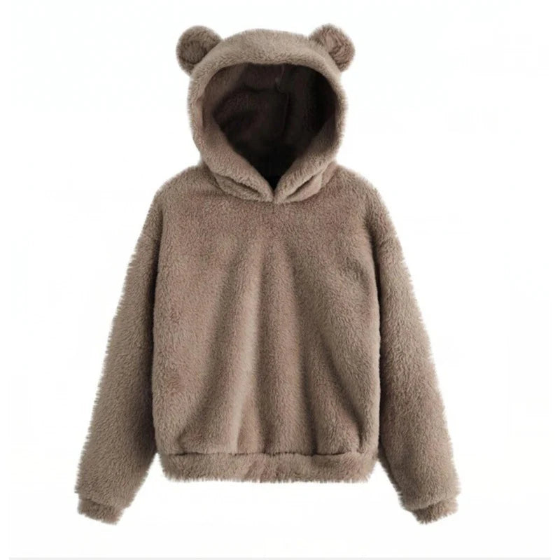 Teddy Fleece Hoodie Oversized Fit Bear Ear Hood Side Pockets