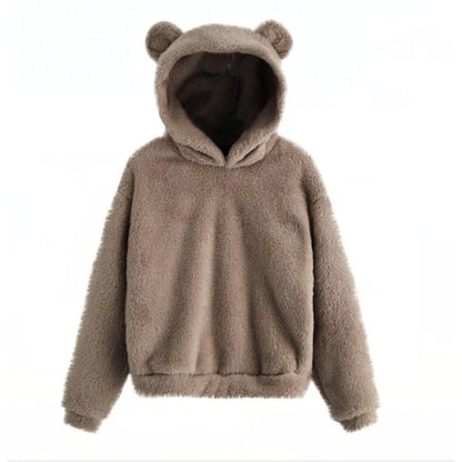 Teddy Fleece Hoodie Oversized Fit Bear Ear Hood Side Pockets