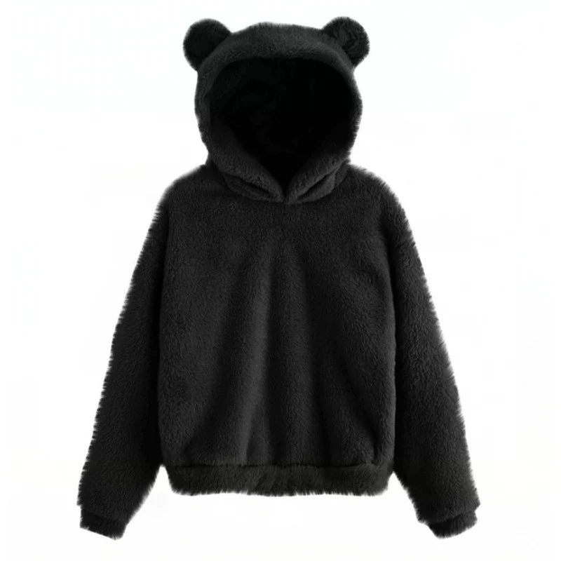 Teddy Fleece Hoodie Oversized Fit Bear Ear Hood Side Pockets